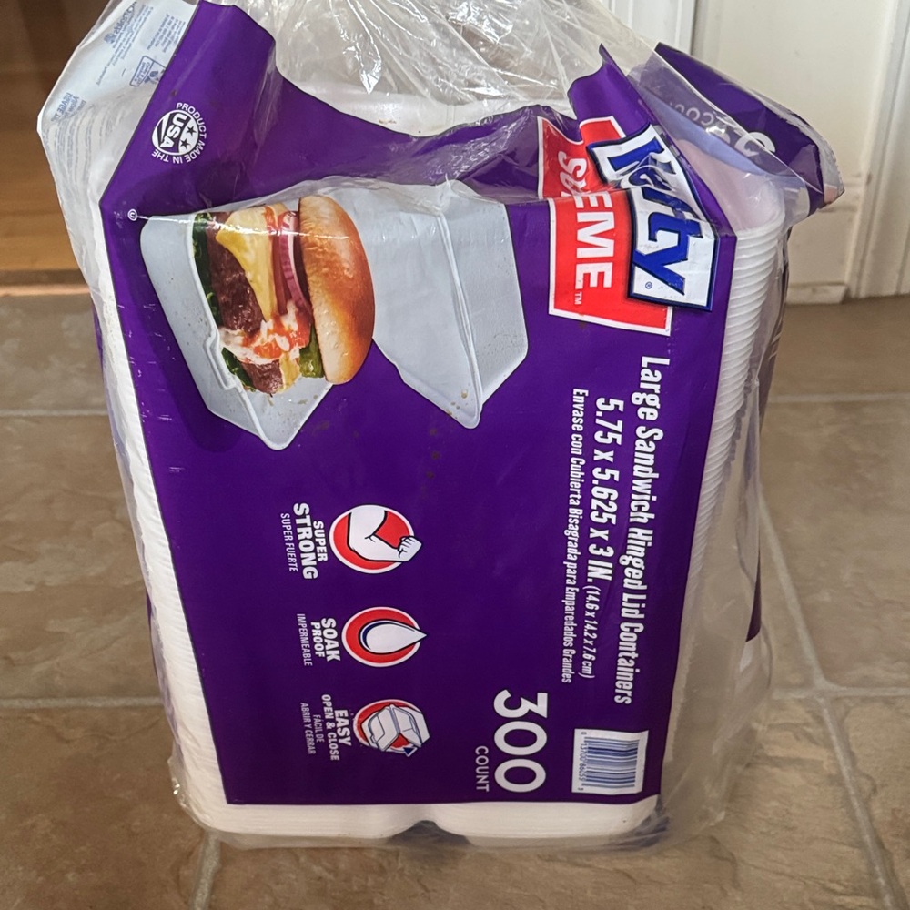 Hefty Supreme Large Sandwich Hinged Lid Styrofoam Containers - Approx 225 Ct